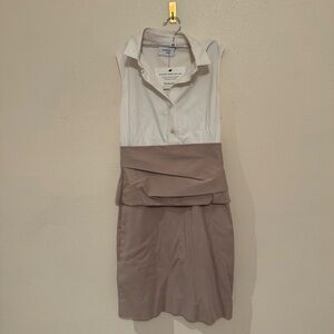 Akris Punto White and Taupe Sleeveless Collared Sheath Dress